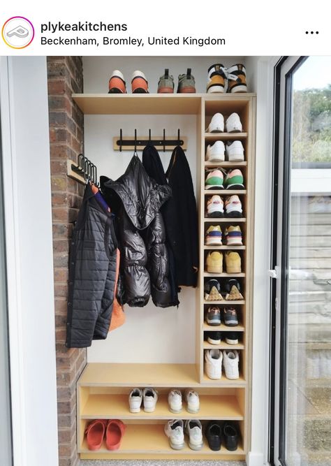 Shoe Shelves Hallway, Shoe Storage Wall Ideas, Alcove Coat And Shoe Storage, Shoe Storage In Porch, Shoe Storage Porch Ideas, Entrance Hall Shoes, Plywood Shoe Storage, Utility Room Coat Storage, Utility Shoe Storage