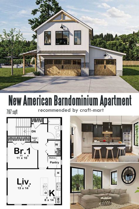 Modern American style meets Barndominium in this 1-bedroom over garage apartment with plenty of space. An open concept of the living and kitchen area upstairs comes with plenty of storage, a separate pantry (crucial for country living), and a decent size bedroom. In conclusion, this comfortable barndominium apartment will suit a single person or your in-laws. Over Garage Apartment, Barndominium With Garage, Barndominium Pictures, Barn Style Garage, Mother In Law Cottage, Garage And Workshop, Living And Kitchen, Garage Apartment Plan, Small Barndominium