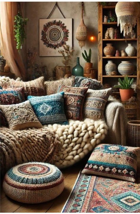 Hippy Living Room, Cozy Boho Living Room Inspiration, Living Room Inspiration Boho, Boho Apartment Living Room, Rustic Bohemian Living Room, Cozy Bohemian Living Room, Boho Living Room Apartment, Boho Living Room Inspiration, Cozy Boho Living Room