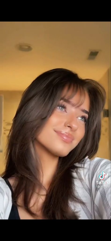 90s Blowout With Wispy Bangs, Whispy Front Bangs With Highlights, Whispy Bands Hair, 90s Layered Haircut With Wispy Bangs, Whispy Front Bangs With Curtain Bangs, Current Bangs Long Hair, Brown Hair And Curtain Bangs, Wispy Bangs And Highlights, Whispy Front Bangs Brunette