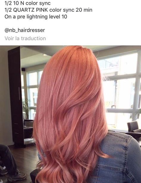 Matrix Rose Gold Formula, Peachy Hair Color Rose Gold, Matrix Color Formulas Copper, Copper Pink Hair Rose Gold, Rose Copper Hair Color, Redken Rose Gold, Solid Pink Hair, Auburn Pink Hair, Copper Hair With Pink Highlights