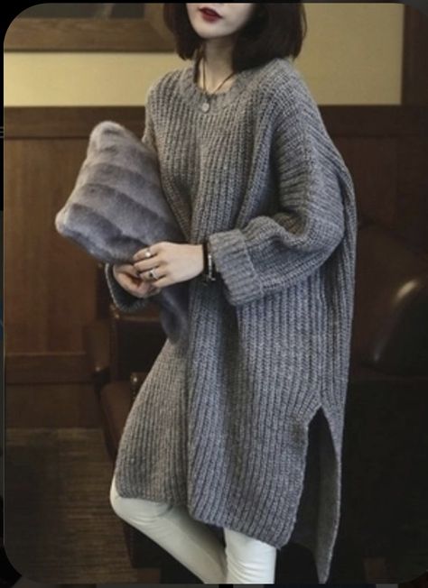 Casual Sweaters Women, Solid Dress Casual, Long Sweaters For Women, Long Pullover, Thick Sweaters, Grey Knit Sweater, 가을 패션, Knit Outfit, Casual Sweaters