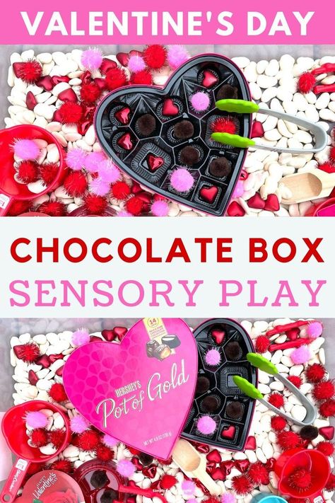 Valentine's Day sensory bin preschool - pom poms placed in a chocolate box and tongs in a sensory bin Sensory Bin For Toddlers, Preschool Valentines Activities, Valentine Sensory, Preschool Valentine Crafts, Toddler Sensory Bins, Chocolate Boxes, Sensory Activities Toddlers, Toddler Sensory, Box Of Chocolates