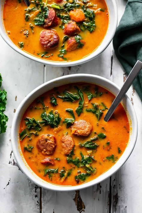 Spicy Sausage, Sweet Potato and Kale Soup {Paleo, Whole30} - Sweet Potato Kale Soup, Kale Sweet Potato Soup, Spicy Sausage Soup, Soup With Smoked Sausage, Paleo Sausage, Potato Kale Soup, Sausage Sweet Potato, Whole 30 Soup, Paleo Running Momma