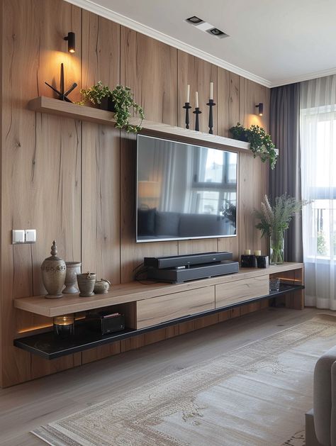 45 Aesthetic Ideas for Decorating Under & Around Your TV Wood Tv Walls, Tv Wall With Board And Batten, Wood Tv Wall Design, Tv Wall Collage, Panels Behind Tv, Tv Wall Decor Wood, Tv Wood Wall Ideas, Bedroom Media Wall Ideas, Wall Shelves Around Tv