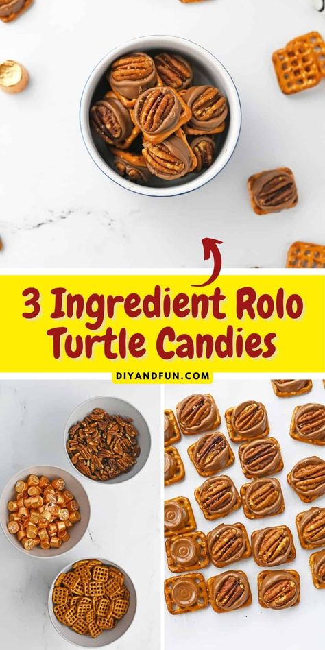 3 Ingredient Rolo Turtle Candies Rolo Turtles Recipe, How To Make Turtles Candy, Cookies Using Rolo Candies, 3 Ingredient Turtle Candy, Rolo Turtle Pretzels, Easy Turtle Candy, Roll Turtles, Rolo Candy Recipes, Turtles Recipe Easy