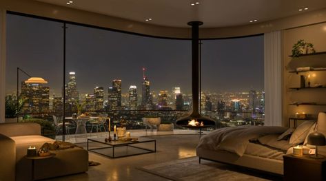 Rich Apartment Bedroom, La Apartment Aesthetic Bedroom, Room With Big Windows Bedrooms, Nyc Penthouse Bedroom, New York Penthouse Bedroom, Penthouse Aesthetic, Penthouse Bedroom, Living In A Hotel, Nyc Rooms