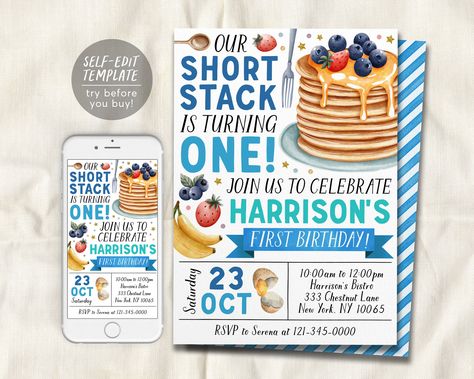 Pancakes Breakfast Birthday Invitation Editable Template, Boy Shortstack First Birthday Brunch Invite, Short Stack Rise And Shine Pancake Pancake 1st Birthday Party, First Birthday Brunch, Breakfast Birthday, Pancakes Breakfast, Short Stack, Birthday Activities, Birthday Brunch, Kids Birthday Party Invitations, Brunch Invitations