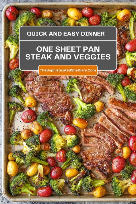 Craving a delicious, low-maintenance meal? This Sheet Pan Steak and Veggies recipe is a one-pan wonder! Perfectly seasoned steak paired with colorful veggies makes for a hearty, balanced dinner that’s ready in no time. Ideal for busy nights or effortless entertaining. Click through to read more! Steak Sheet Pan, Easy Romantic Dinner, Steak And Veggies, Balanced Dinner, Seasoned Steak, Sheet Pan Steak, Pan Steak, Pan Cooking, Easy Sheet Pan Dinners