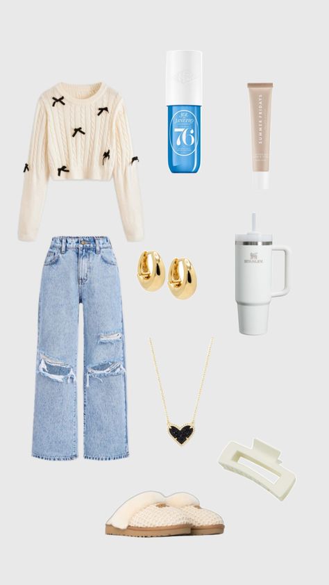 Sweater, jeans, lip balm, Uggs, perfume, earrings, necklace, Stanley, claw clip Sunday Morning Outfit, Preppy Outfits Aesthetic, Preppy Girl Outfits, Morning Outfit, Outfit For Church, Aesthetic School, Casual Preppy Outfits, Outfit Collage, Preppy Girl