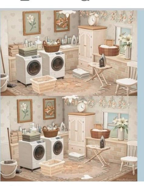 Animal Crossing Villager Home Ideas, Acnh Laundry Room Ideas, Acne Room Ideas, Acnh Cottagecore Bedroom, Acnh Laundry Room, Animal Crossing Basement Ideas, Animal Crossing Bathroom Ideas, Acnh Tailors Shop Ideas, Acnh Bathroom Ideas