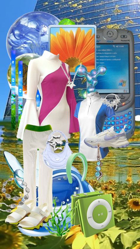 #frutigeraero #frutiger #strangeaesthetic #outfits #fyp #foryoupage #aestheticoutfit Cybercore Aesthetic, 60’s Mod, Frutiger Aero, Green Tech, 2000s Aesthetic, Retro Futurism, Athletic Fashion, Character Outfits, School Outfit