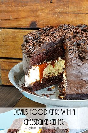 Devil’s Food Cake with a Cheesecake Center | Celebrate your special day with a double treat!  TWO DESSERTS IN ONE!   Two layers of dark chocolate Devil’s food cake, a wonderful cheesecake in the middle with a delicious caramel layer surprise. Cheesecake Easy, Devil's Food Cake, Layered Cakes, Devils Food Cake Mix Recipe, Dessert Cakes, Cheesecake Lovers, Cake Cheesecake, Devils Food Cake, Chocolate Curls