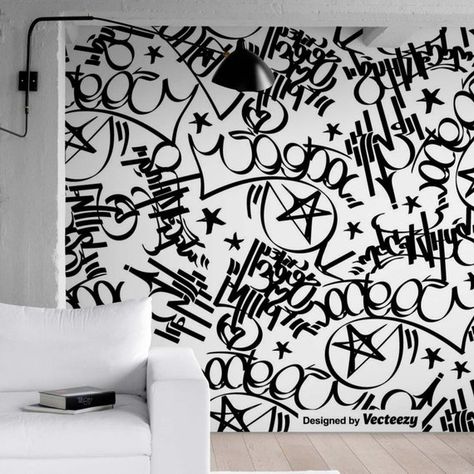 Graffiti Wall Mural, Kids Bedroom Wallpaper, Black And White Graffiti, White Graffiti, Hallway Wallpaper, Graffiti Letters, Modern Mural, Cute Wall Decor, Murals For Kids