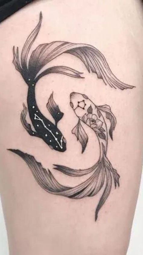 Fish Symbolism, Yin Yang Koi Fish, Unique Cross Tattoos, Fine Line Tattoo Ideas, Front Shoulder Tattoos, Ying Yang Tattoo, Yin Yang Koi, Arm Sleeve Tattoos For Women, Line Tattoo Ideas