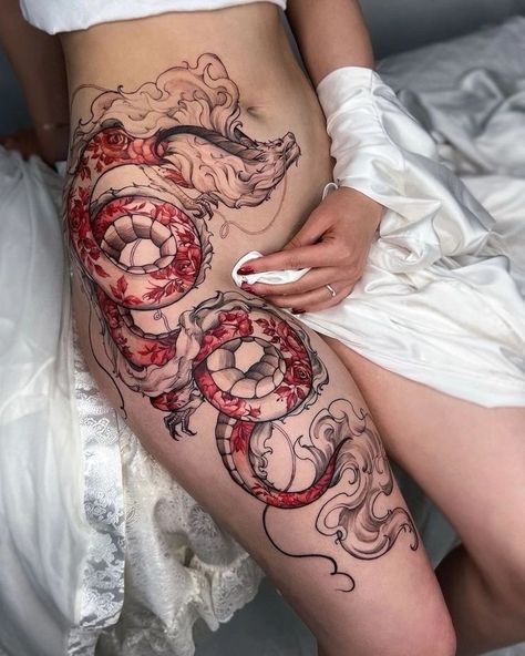 Hip Tattoo Ideas Feminine Thigh Tattoos, Red Dragon Tattoo, Drawing Instagram, Tattoo Uk, Dragon Tattoo For Women, Pretty Tattoos For Women, Tatuaje A Color, Dragon Tattoo Designs, Cute Tattoos For Women