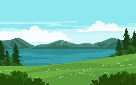 Flat lake and mountain landscape illustration Camping Background Landscape, Simple Landscape Background, Lake Graphic Design, Simple Landscape Illustration, Mountain Landscape Illustration, Quilt Background, Lake Illustration, Lake Background, Flaming Gorge