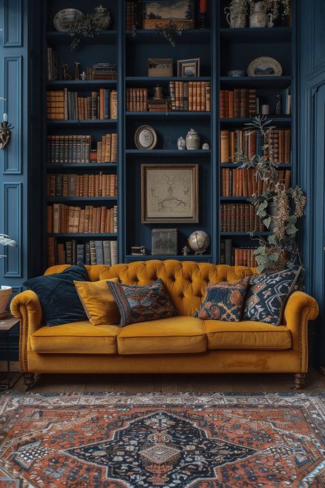 Jewel Tone Home, Color Drenching, Blue Bookcase, Living Room Decor Indian, Unusual Furniture, Maximalist Home, Blue Antique, Classy Decor, Room Design Ideas