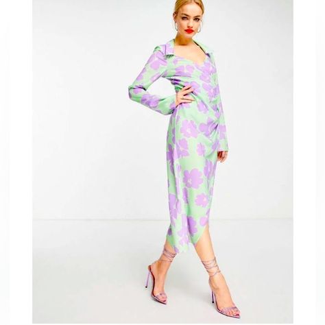 All-Over Floral Print Spread Collar Zip-Side Fastening 100% Polyester Front Faux Wrap Ruched At Waist On Left Bell Cuff On Sleeve $65 Midi Dress Green, Wrap Midi Dress, Asos Dress, Asos Dresses, Green Midi Dress, Green And Purple, Lilac, Asos, Floral Print