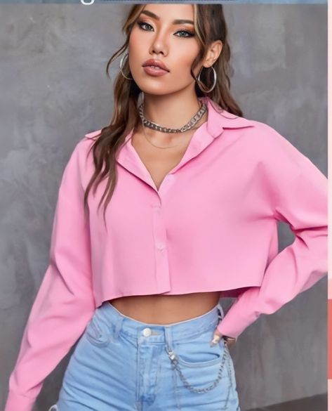 Pink Crop Shirt Outfit, Cropped Shirt Outfit, White Crop Blouse, Drop Shoulder Shirt, Collar Details, Short Shirt, Cropped Shirt, Stylish Dress Book, Pink Style