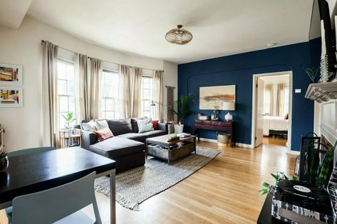 New York State Of Mind Benjamin Moore, Blue Accent Wall Office, Navy Blue Accent Wall Living Room, Accent Wall Office, Blue Accent Wall Living Room, Navy Blue Accent Wall, Blue Accent Wall, Navy Accent Walls, Red Accent Wall