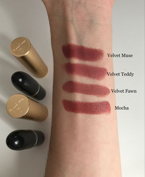 Lisa Eldridge Lipstick Velvet Muse, Cool Tone Lipstick, Lisa Eldridge Lipstick, Mac Antique Velvet, Mac Swatches, Best Mac Products, Velvet Teddy Mac, Lisa Eldridge Makeup, Lipstick Guide