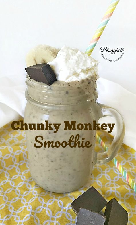 Easy Four Ingredient Chunky Monkey Smoothie #Back2School Chunky Monkey Smoothie, Peanutbutter Smoothie Recipes, Healthy Chocolate Banana, Yum Breakfast, Cereal Bar, Smoothies Recipes, Chunky Monkey, Smoothie Prep, Vanilla Almond Milk