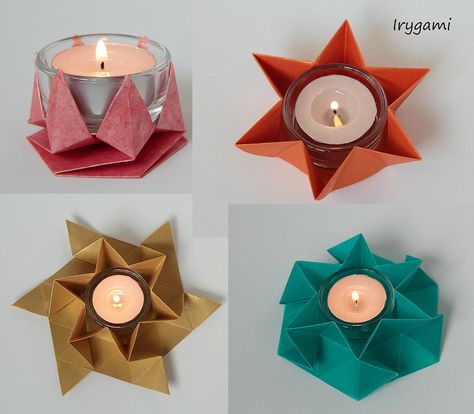 origami tea light holders created and ffolded by Irena Janas ... Diwali Origami, Origami Candle Holder, Paper Candle Holders, Origami Table, Candle Table Centerpieces, Christmas Origami, Tea Light Holders, Origami Box, Diy Holder