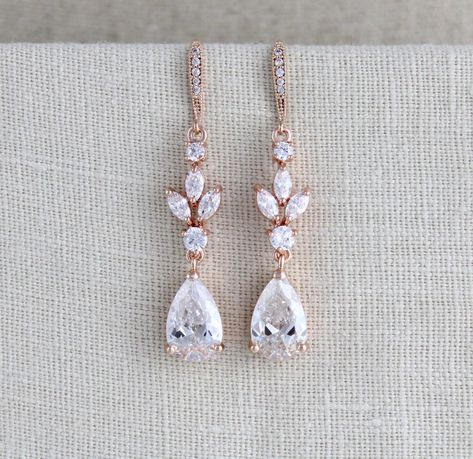 Crystal Bridal earrings, Bridal jewelry, Rose gold leaf earrings, Wedding jewelry, Bridesmaid earrings, Long dangle earrings by treasures570 on Etsy Rose Gold Earrings Wedding, Rose Gold Bridal Earrings, Gold Earrings Wedding, Crystal Bridal Earrings, Wedding Bridesmaid Jewelry, Gold Leaf Earrings, Earrings Rose Gold, Bridal Fashion Jewelry, Rose Gold Bridal