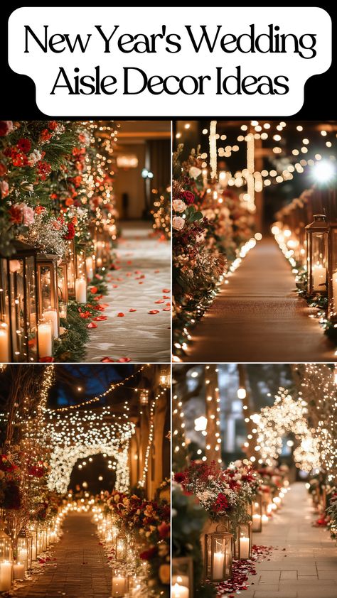 New Year’s Eve wedding aisle decorated with lights, flowers, and festive accents. New Years Wedding Decorations, New Years Wedding Ideas, Wedding Aisle Decorations Outdoor, Twinkle Lights Wedding, Wedding Walkway, Wedding Aisle Decor, Wedding Aisle Outdoor, Dyi Wedding, Wedding Isles