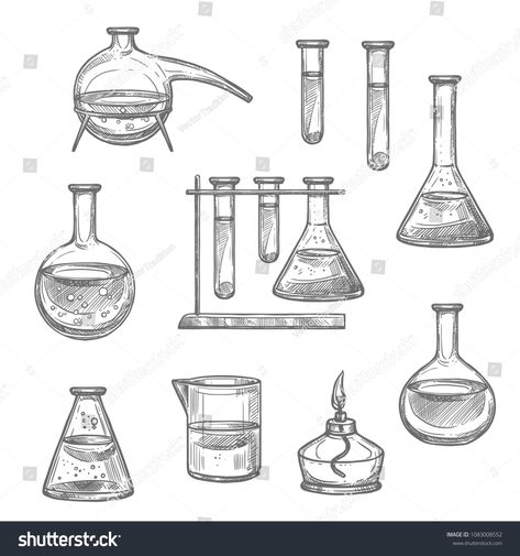 Laboratory glassware and equipment sketch set. Chemical laboratory glass flask, test tube and beaker, retort and spirit lamp isolated icon for chemical research and science experiment themes designglass#laboratory#flask#tube Science Flask Tattoo, Lab Equipment Drawing, Glassware Drawing, Science Beaker Drawing, Test Tube Drawing, Test Tube Tattoo, Laboratory Apparatus Drawing, Test Tube Art, Beaker Drawing