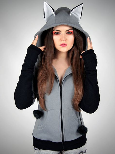 Hoodie wolf grey fox black kawaii nerd cosplay anime ears goth | Etsy Anime Ears, Wolf Black And White, Wolf Black, Black Kawaii, Wolf Hoodie, Fox Costume, Grey Fox, Dress Up Costumes, Anime Wolf