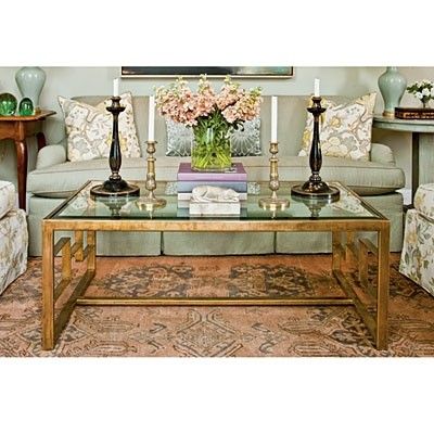 Glass Coffee Table Living Room, Glass Coffee Table Styling, Southern Living Rooms, Brass And Glass Coffee Table, Types Of Coffee Tables, Coffee Table Style, Coffee Table Vignettes, Southern Living Recipes, Coffee Table Living Room