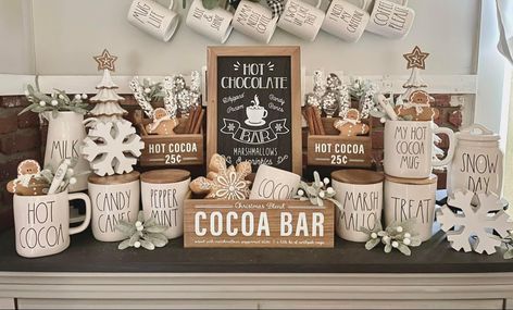 Rae Dunn Cocoa Bar, Hot Cocoa Bar Tiered Tray, Rae Dunn Hot Cocoa Display, Christmas Rae Dunn Hutch, Rae Dunn Christmas Coffee Bar, Mint Cocoa, Rae Dunn Gingerbread Display, Rae Dunn Collection, Rae Dunn Coffee & Tea Cups