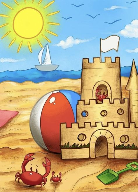 Beach Drawing For Kids, Easy Beach Drawings, Scenery For Kids, Scenery Drawing For Kids, Kids Art Print, Beach Cartoon, Castle Drawing, Beach Drawing, Drawing Scenery