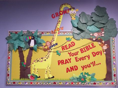 Jungle themed classroom bulletin board with a giraffe.   Read your Bible,  pray every day,  and you'll grow, grow, grow! Jungle Theme Classroom Decorations, Safari Theme Classroom, Kids Classroom Decor, Read Your Bible, Christian Bulletin Boards, Jungle Theme Classroom, Sunday School Decorations, Teacher Themes, Preschool Prep