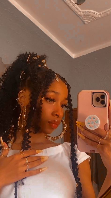 Box Braids Gold Accessories, Hair Accessories Box Braids, Knotless Braids With Gold Accessories, Goddess Braids With Gold Accessories, Gold Braid Accessories, Curly Hair With Gold Accessories, Box Braids With Gold Accessories, Box Braids With Gold Cuffs, Knotless Bohemian Box Braids