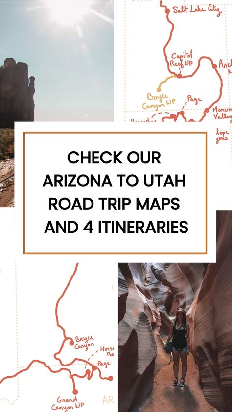 From Sedona to Arches National Park and Lake Powell, use these 4 Epic Arizona to Utah Road Trip itineraries to have a stunning adventure! (with Arizona to Utah road trip map) Goblin Valley State Park, Arizona Map, Road Trip Map, Arizona Road Trip, Utah Road Trip, Road Trip Routes, Capitol Reef National Park, National Park Road Trip, Road Trip Destinations