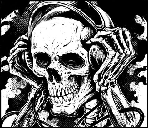 Headphones Music Skull, Skull Music, Headphones Art, Badass Skulls, Artful Ashes, Skulls Drawing, Skull Tattoo Design, Skull Artwork, Skeleton Art