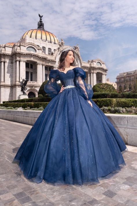 Dark Blue Ball Gown, Blue Princess Gown, Princess Quinceanera Dresses, Gown Aesthetic, Quince Pictures, Navy Inspiration, Lehenga For Girls, Queen Gown, Blue Princess Dress