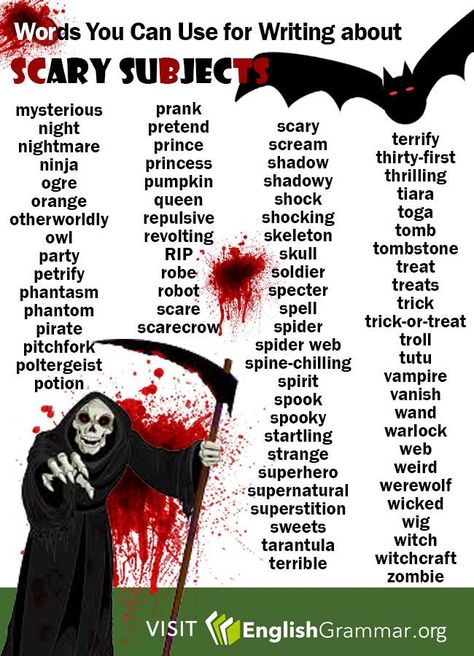 Vocabulary: Scary Subjects 2 Other Words For Creepy, Scary Words, Halloween Vocabulary, Weather Vocabulary, Subject Object, Uncommon Words, Descriptive Words, English Writing Skills, Grammar And Vocabulary