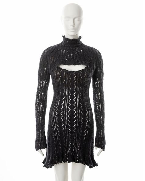 Vivienne Westwood open-knit alpaca wool corseted mini dress, fall 1993 | Instagram Vivienne Westwood Knit, Mini Dress Fall, Short Flared Skirt, Crochet Mini Dress, Knit Alpaca, Black Lace Dress, Knit Mini Dress, Open Knit, Alpaca Wool