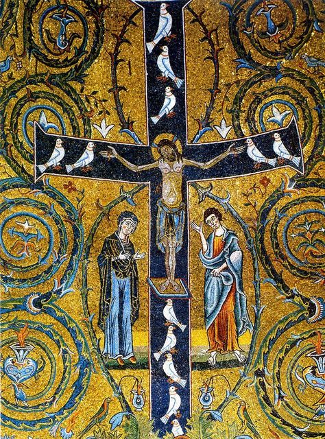 Tree of Life cross from the ancient Basilica of St. Clemente, Rome. - Feast of the Exaltation of the Holy Cross – 14 September, also called Feast of the Triumph of the Cross and Holy Cross Feast. Byzantine Mosaic, Stations Of The Cross, Byzantine Art, Holy Cross, San Clemente, Religious Icons, Art Antique, Orthodox Icons, Sacred Art