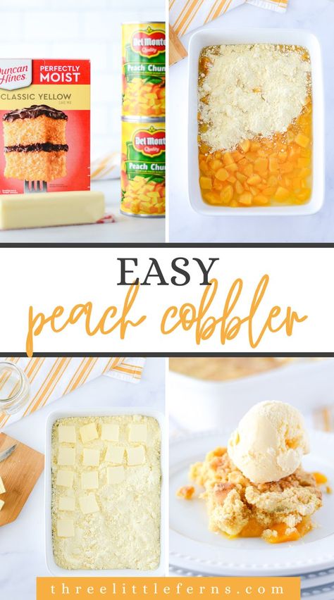 Indulge in the sweet simplicity of our 3-Ingredient Peach Cobbler dump cake! 🍑🍰✨ This easy dessert recipe is a flavor explosion with minimal effort. Perfect for busy days when you need a quick, easy, and delicious treat. Discover how to satisfy your peach cobbler cravings with ease! 3 Ingredient Peach Cobbler Dump Cake, Three Ingredient Cobbler, 4 Ingredient Peach Cobbler, Cake Box Peach Cobbler, 2 Ingredient Peach Cobbler, Dump Peach Cobbler Yellow Cake Mixes, Jiffy Cake Mix Peach Cobbler, Quick Peach Cobbler 3 Ingredients, Dump Cobbler Recipes