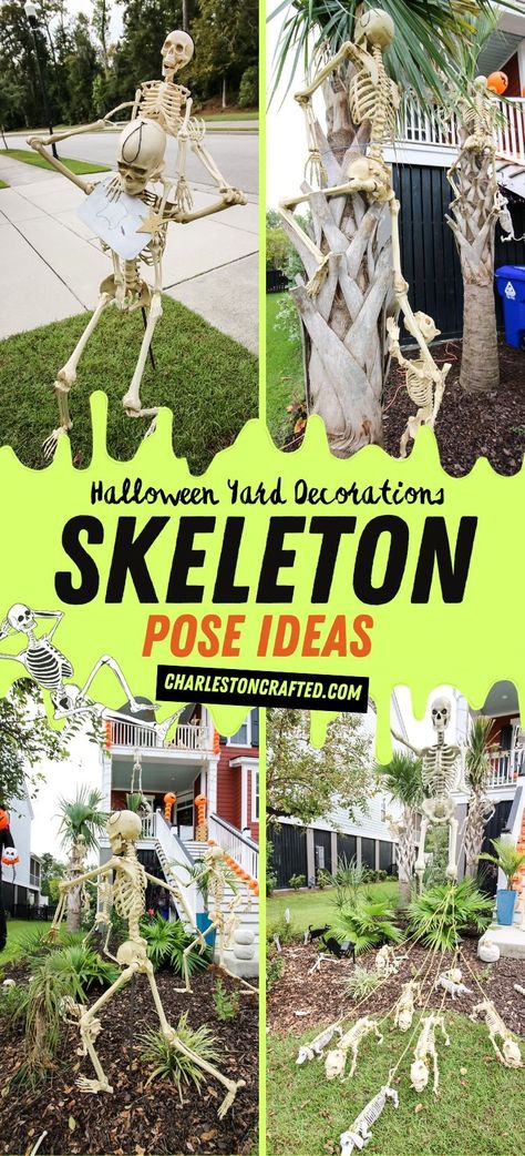 Decorating your yard for Halloween? Here are a ton of skeleton pose ideas for a spooky and funny Halloween yard display! Diy Halloween Decorations Outdoor Skeleton, Halloween Front Yard Skeletons, Halloween Posable Skeletons, Posed Skeletons Halloween Decorations, Front Yard Halloween Ideas Skeleton, Funny Dressed Up Skeletons, Skeleton Themed Halloween Yard, Funny Things To Do With Skeletons For Halloween, 10 Ft Skeleton