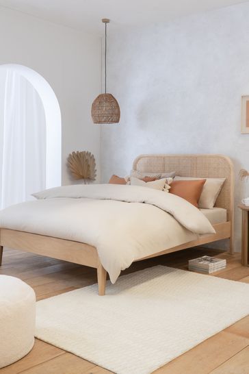 Wood and Cane Sophia Bed Frame Boho Minimal Bedroom, Natural Wood Bed Frame, Boho Bed Frame, Light Wood Bed, Headboard Shapes, Country Aesthetic, College House, Minimal Bedroom, Rattan Bed