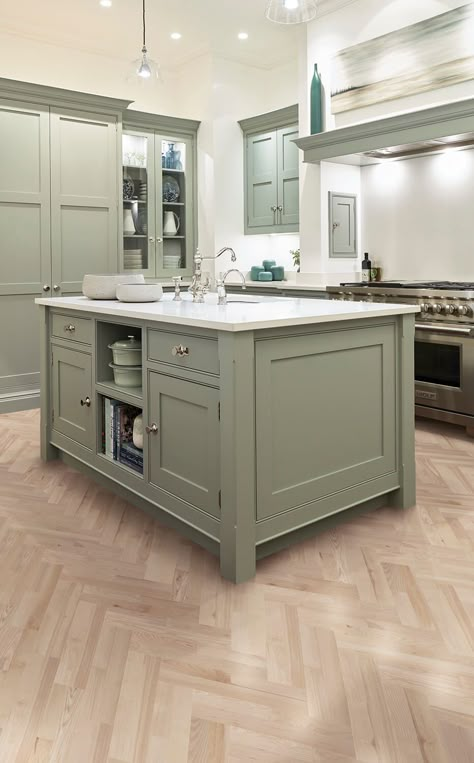 Green Country Kitchen, Green Shaker Kitchen, Bespoke Cabinetry, Quartz Island, Curved Seating, Tom Howley, Sage Kitchen, Kitchen Cabinet Inspiration, Sage Green Kitchen