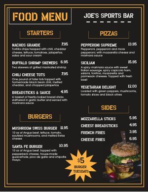 Sports Bar Menu Template Designs that are Easy to Edit - MustHaveMenus Snack Bar Menu Design, Bartending Menu Design, Bar And Grill Menu Ideas, Sports Bar Menu Ideas, Bar Menu Layout Design, Bar Menu Ideas, Nacho Grande, Pizza Nachos, Recipe Design