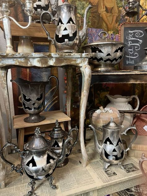 Halloween Cabin, Halloween Teapot, Cottage Halloween, Sewing Cabinets, Autumn Doodles, Halloween Shadow Box, Simple Family Meals, Silver Pumpkins, Tea Crafts