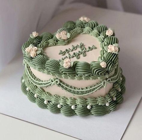 Sage Green Cake With Butterflies, Green Aesthetic Cake, Birthday Cake Aesthetic Green, Green Heart Cake, Sage Green Birthday Cake, Green Vintage Cake, Sage Green Cake, Small Round Cake, Heart Shaped Birthday Cake